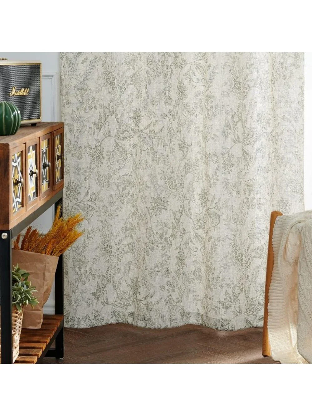 Green Floral Linen Curtains - Farmhouse Back Tab, Light Filtering, Vintage 50x84